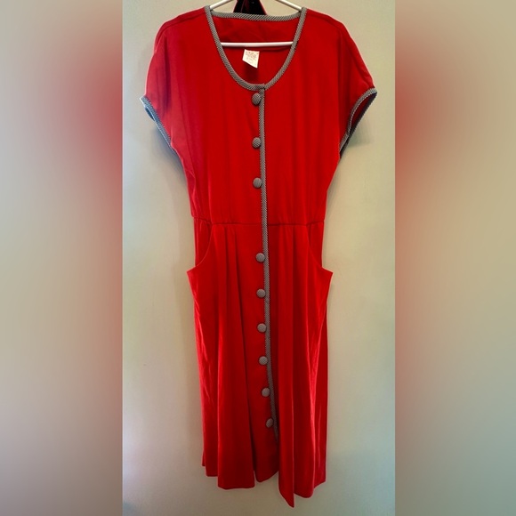 Vintage 80s Red Midi Dress with Button Accents & Detached Belt Size 12 - Picture 1 of 5